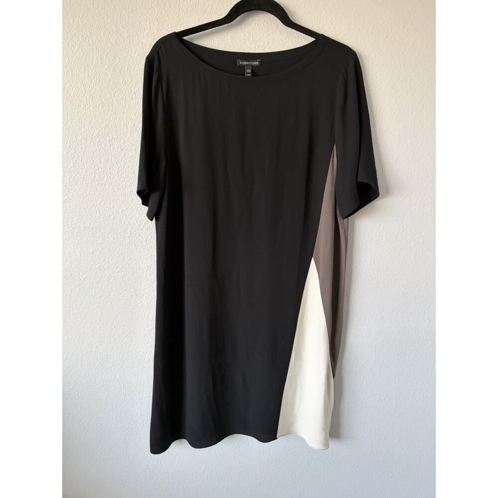 NWOT Eileen Fisher Colorblock Silk Shift Knee Length Dress Black/Brown/Ivory M